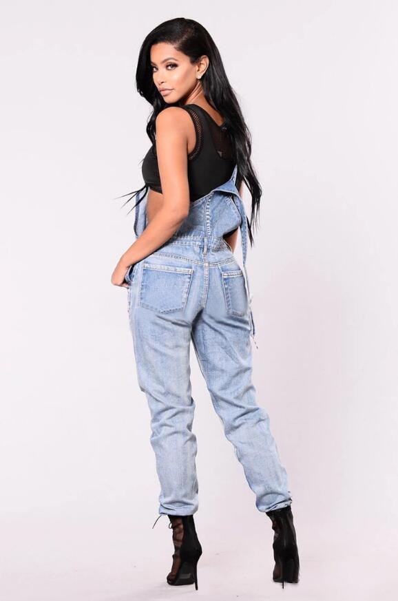 SZ60154  Denim Jumpsuit Overalls Pockets Button Casual Dungarees Long Jeans